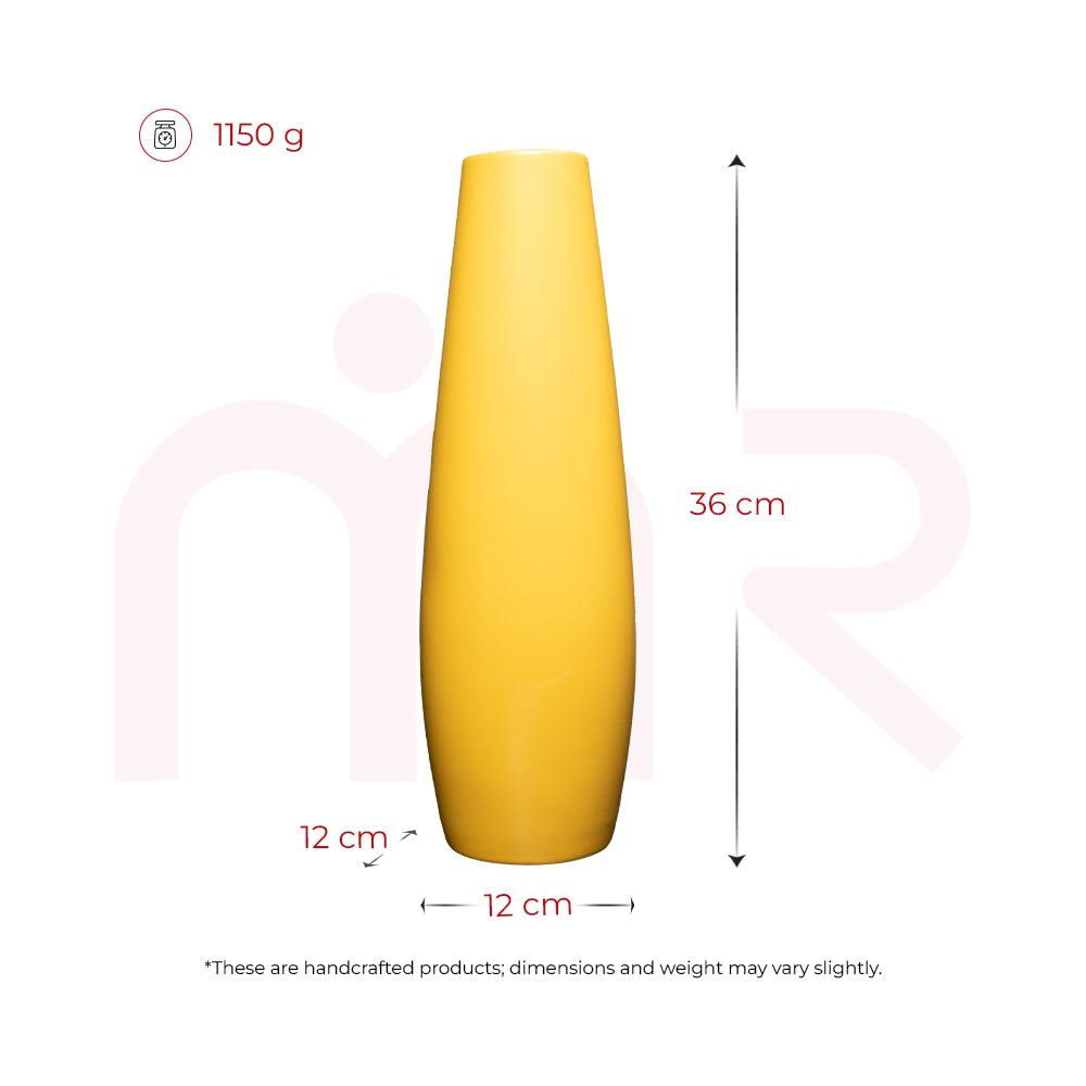Tall handcrafted yellow vase, 36 cm height, 12 cm diameter, 1150 g, ideal for Vastu décor