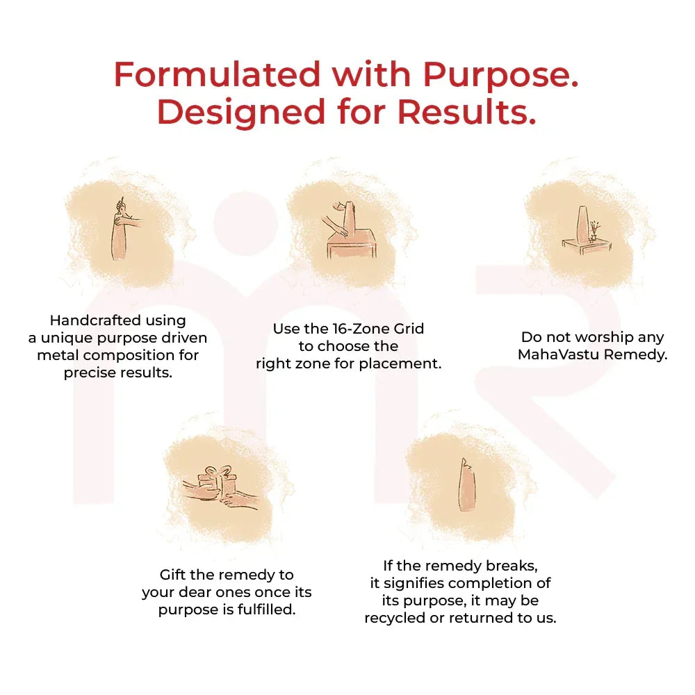 Vastu remedy usage instructions with icons and tips for placement, gifting, and recycling.