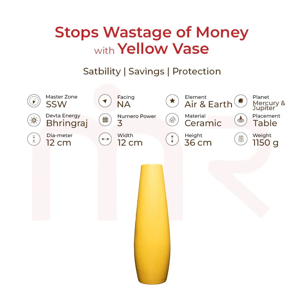 Yellow ceramic vase for vastu remedies, 36 cm tall, promotes stability, savings, protection.