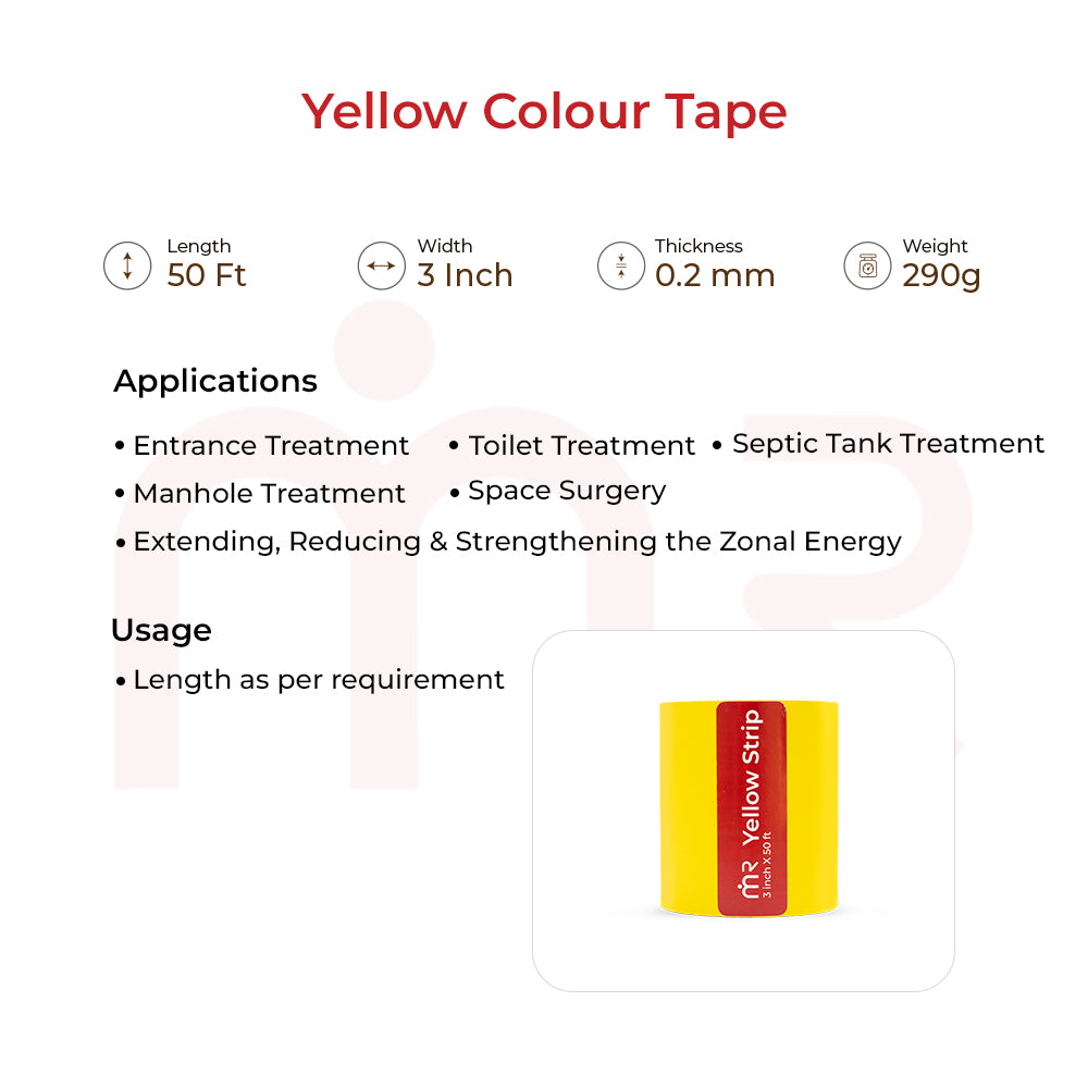 MahaVastu yellow strip tape for Vastu Shastra remedies, 3 inches wide, 50 feet length, with application details and usage instructions.