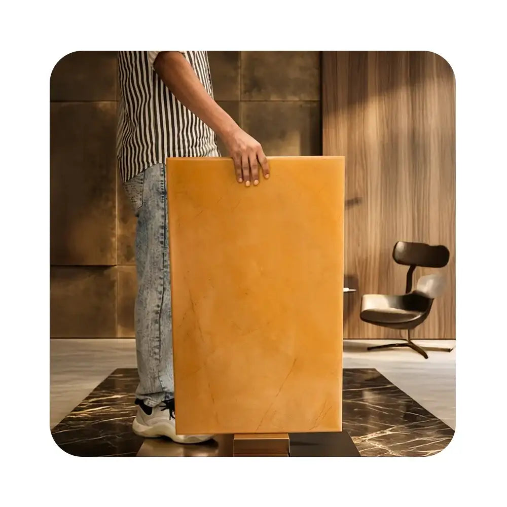 Person holding large golden Vastu remedy panel for home energy balance and prosperity