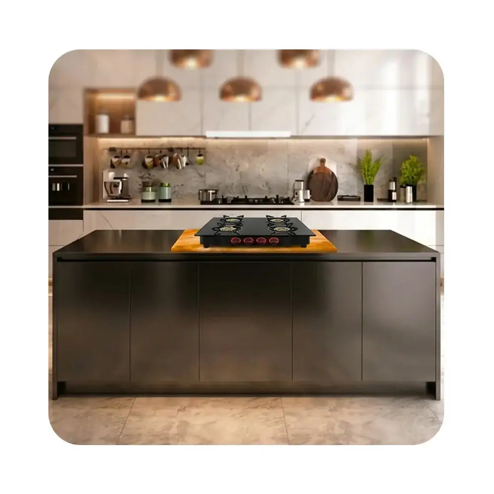 Modern kitchen with black island, gas stove, and Vastu-friendly layout for positive energy and prosperity