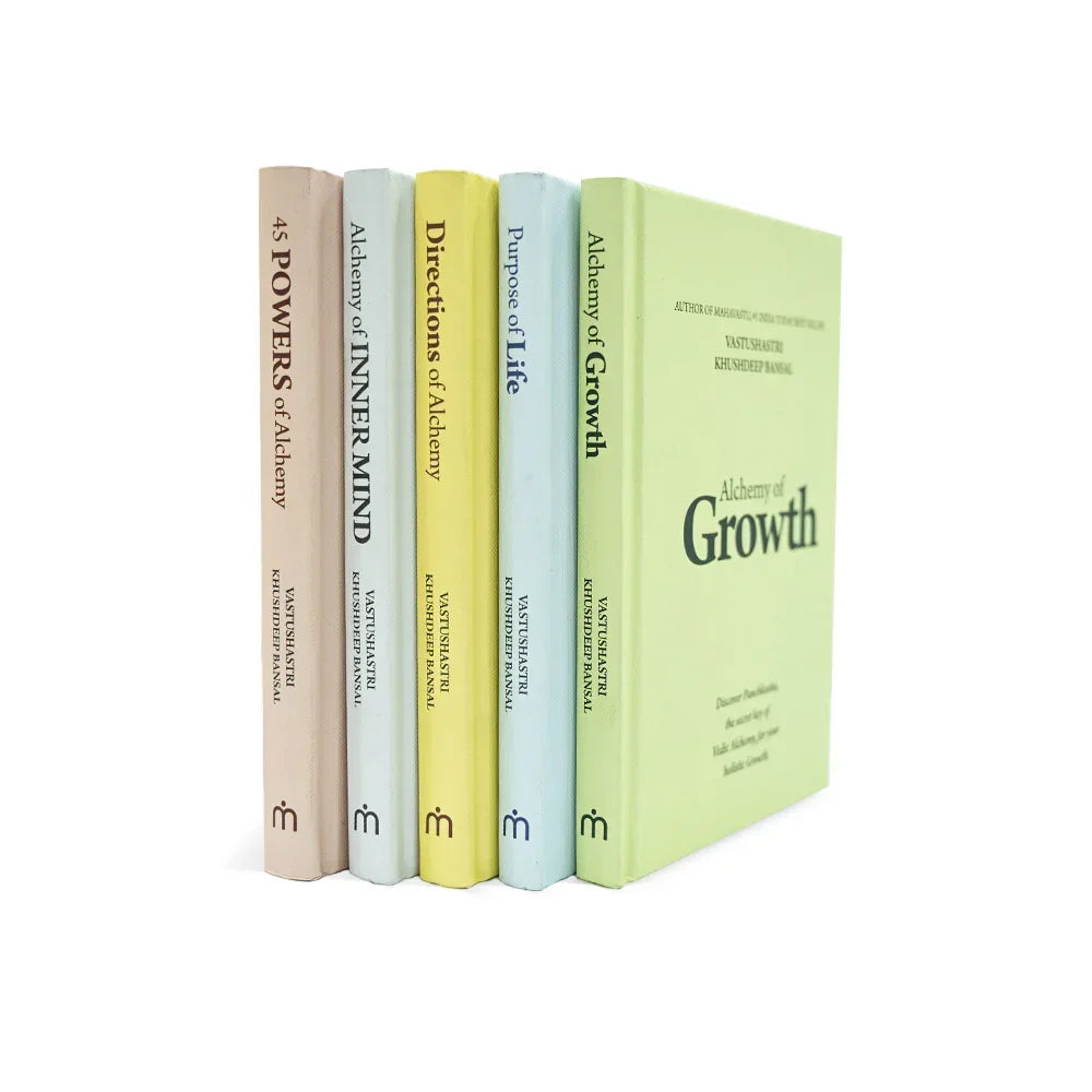Set of five MahaVastu Vastu Shastra remedy books standing upright on white background