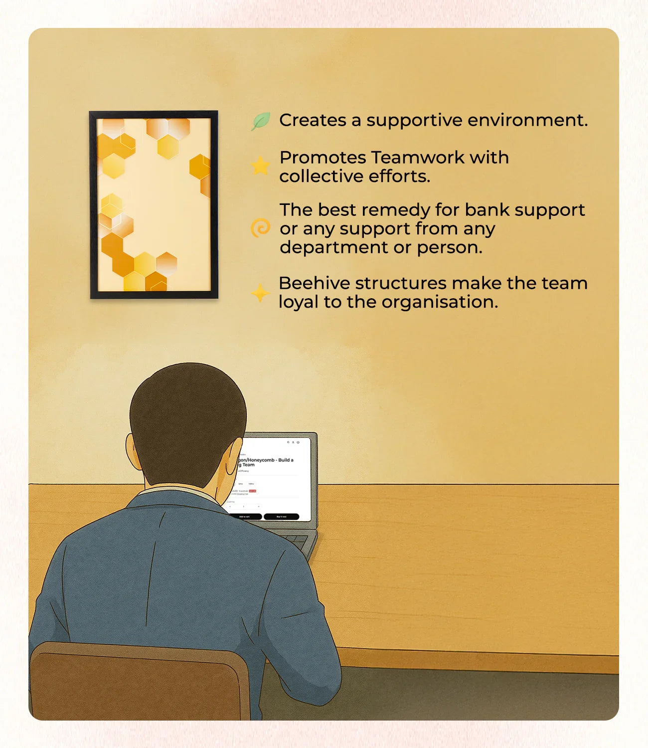 Person at desk with hexagon Vastu remedy painting for teamwork and supportive office environment.