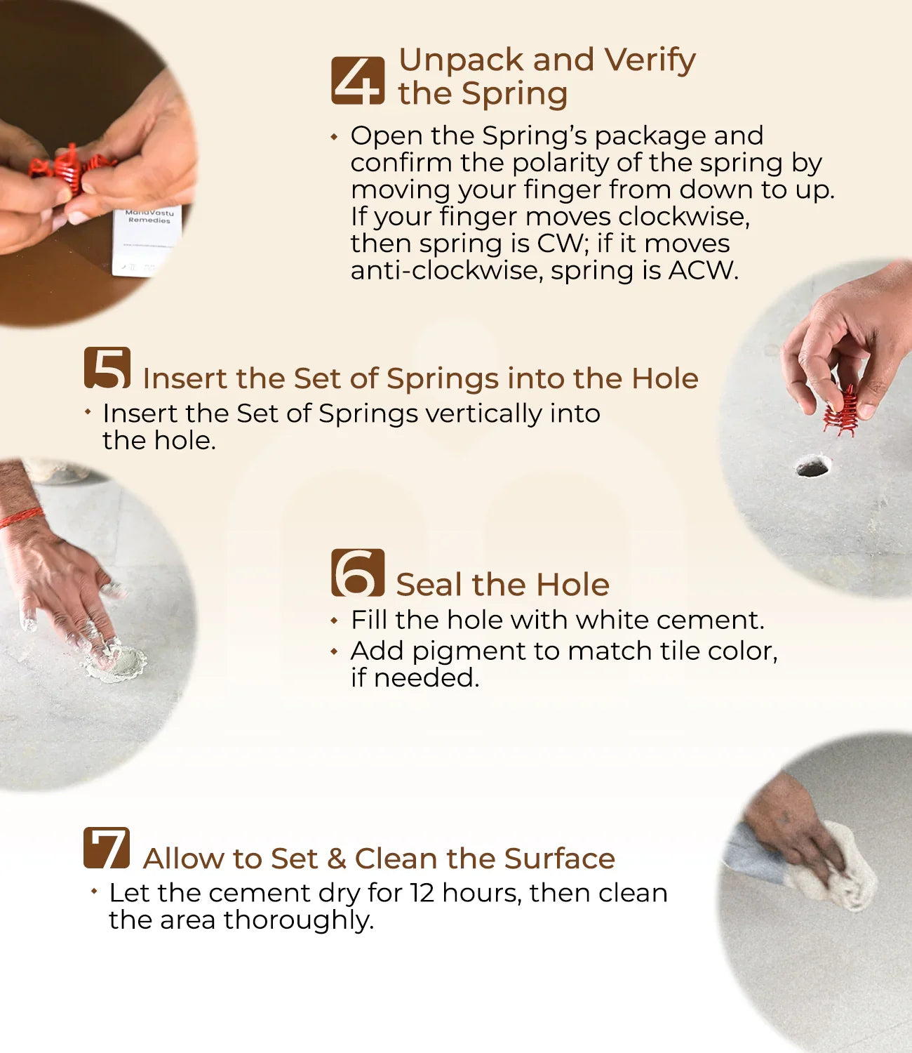 Step-by-step guide showing hands handling and installing metal springs for Vastu remedies