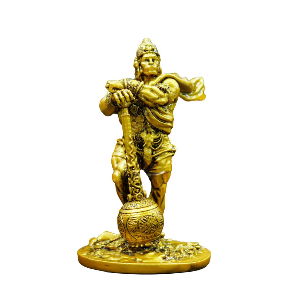 Mahavastu Hanuman Deity Idol, made in brass, in a standing pose. The Idol is adorned with detailed carvings of hanuman ji's attire and jewelry. The idol showcases confidence and power.