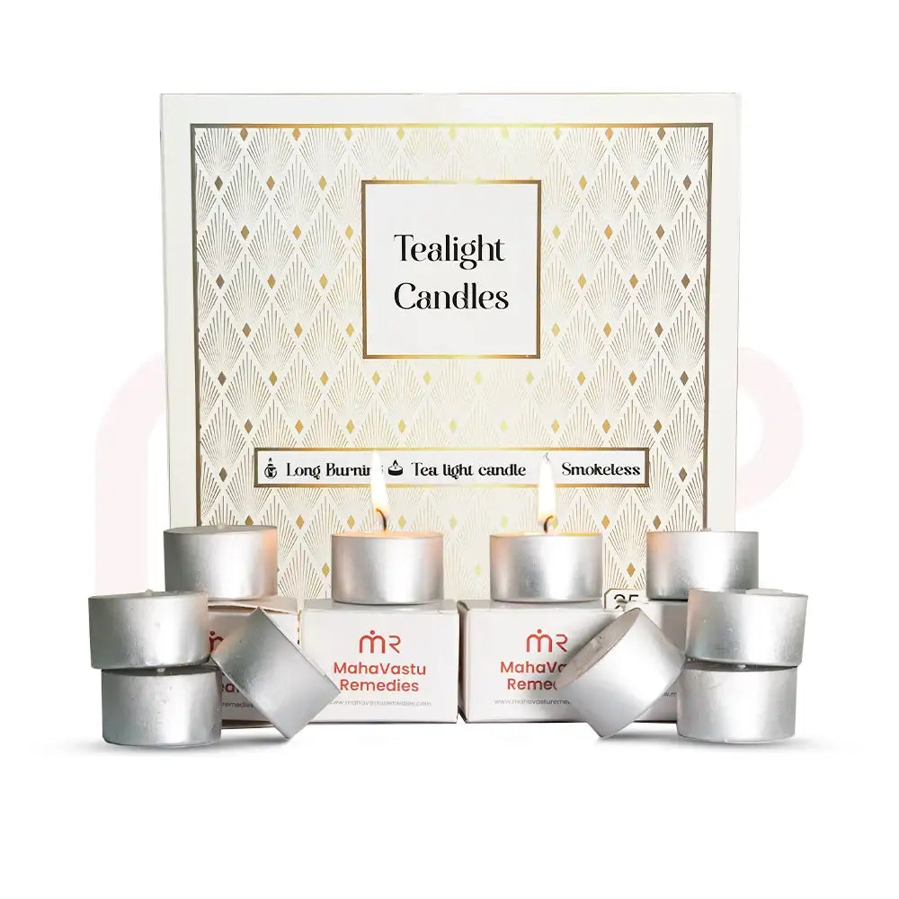 MahaVastu Remedies smokeless tea-light candles with packaging and lit candles