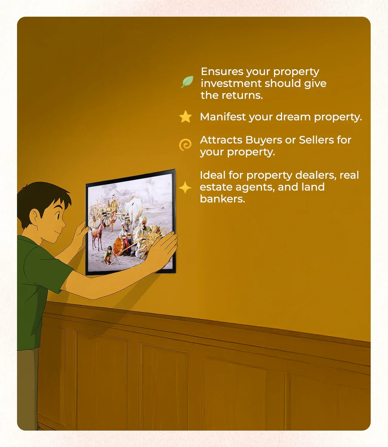 Man hanging Vastu village scene painting on yellow wall for property investment benefits