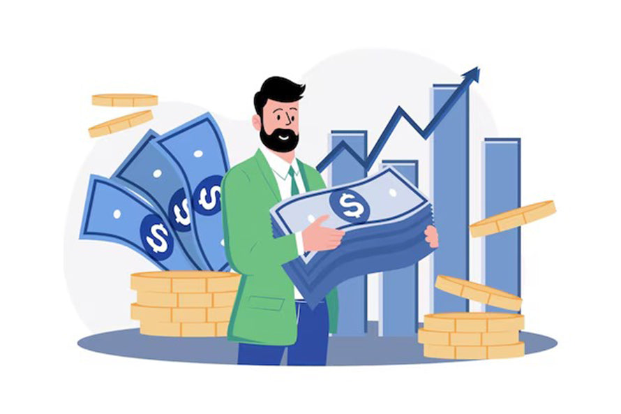 Illustration of businessman holding cash with gold coins and upward growth chart, symbolizing wealth, prosperity, and financial success.