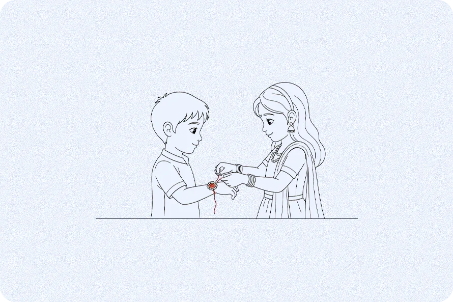 Line art of a girl tying Rakhi on a boy’s wrist, celebrating Raksha Bandhan festival.