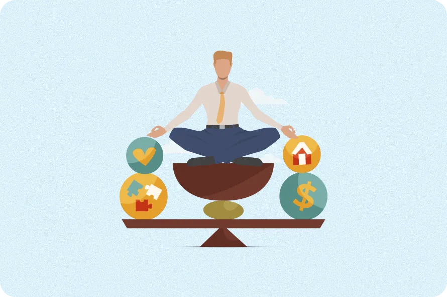 Businessman meditating on balance scale with icons for money, health, home, and growth, MahaVastu theme