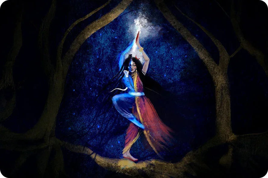 Artistic painting of Shiva and Parvati dancing in a mystical forest with blue tones, spiritual energy