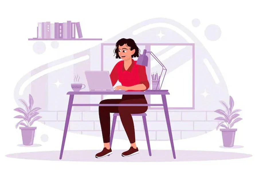 Woman working on laptop at desk with indoor plants, cup, and books, office workspace illustration
