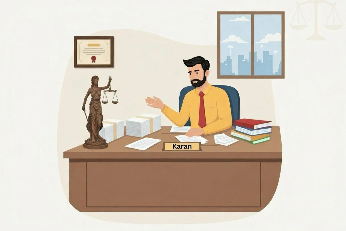 Illustration of a man at office desk with Lady Justice statue, law books, and paperwork