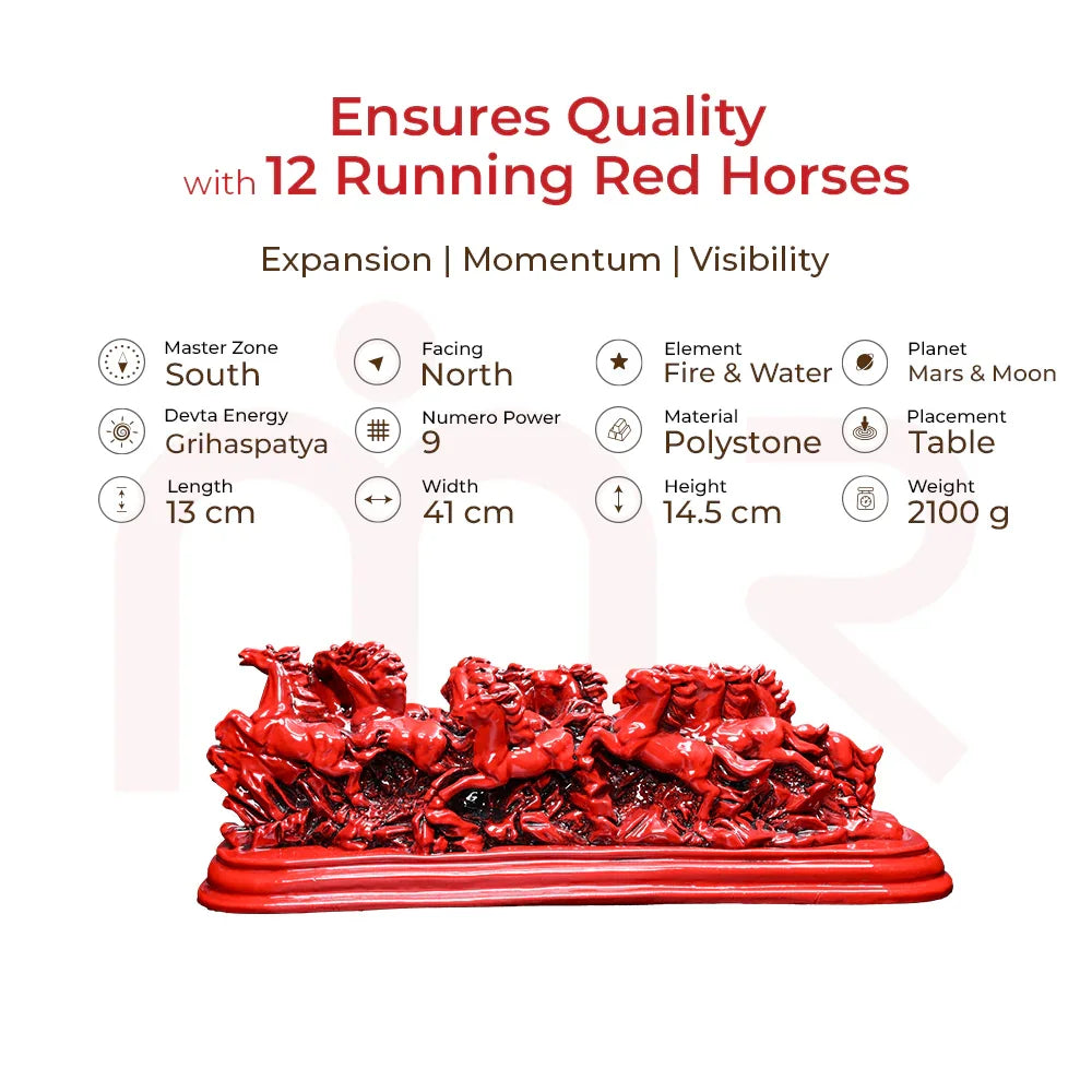 Red Vastu horse statue with 12 running horses, polystone decor for positive energy