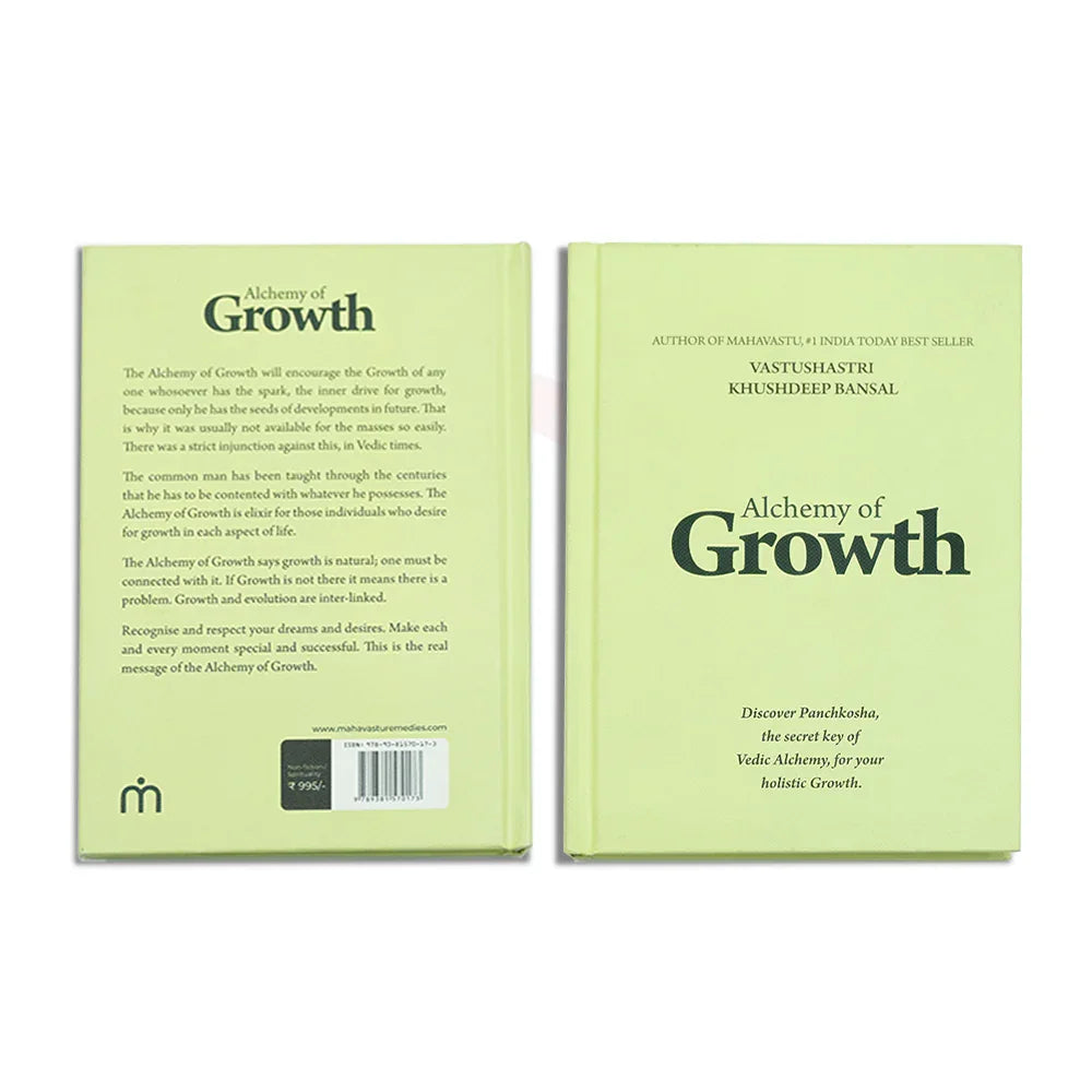 Alchemy of Growth book by VastuShastri Khushdeep Bansal front and back cover on white background.