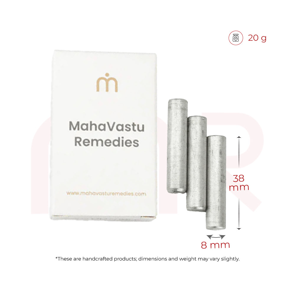 Aluminium Vastu remedy metal strips next to MahaVastu Remedies box, 38mm x 8mm, 20g.