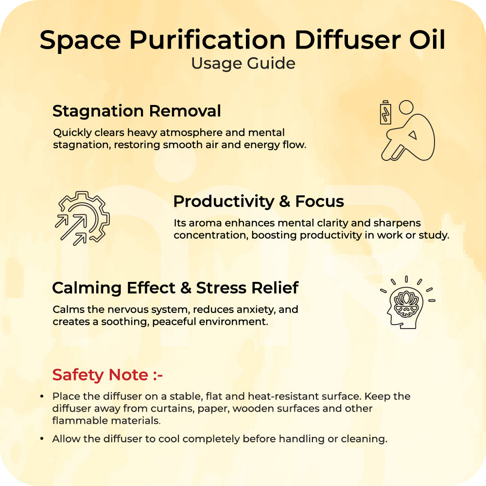 Usage guide for MahaVastu Remedies Space Purification Diffuser Oil for focus and stress relief.
