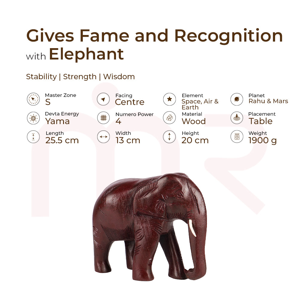 MahaVastu wooden elephant remedy statue for stability, strength, recognition, and Vastu balance.