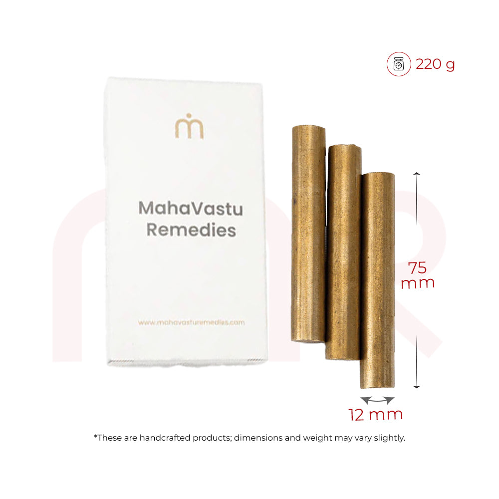Three brass rods for MahaVastu Remedies with box, 75mm length, 12mm width, 220g weight