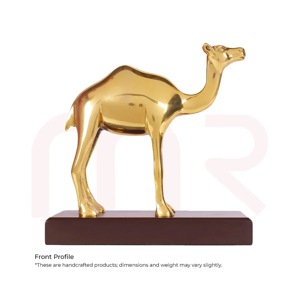 Gold camel figurine on wooden base, Vastu decorative remedy for prosperity and positivity