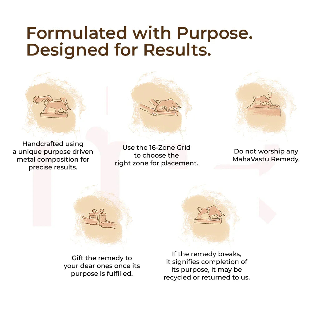 Infographic showing MahaVastu Remedies usage tips with hand-drawn icons and text instructions.