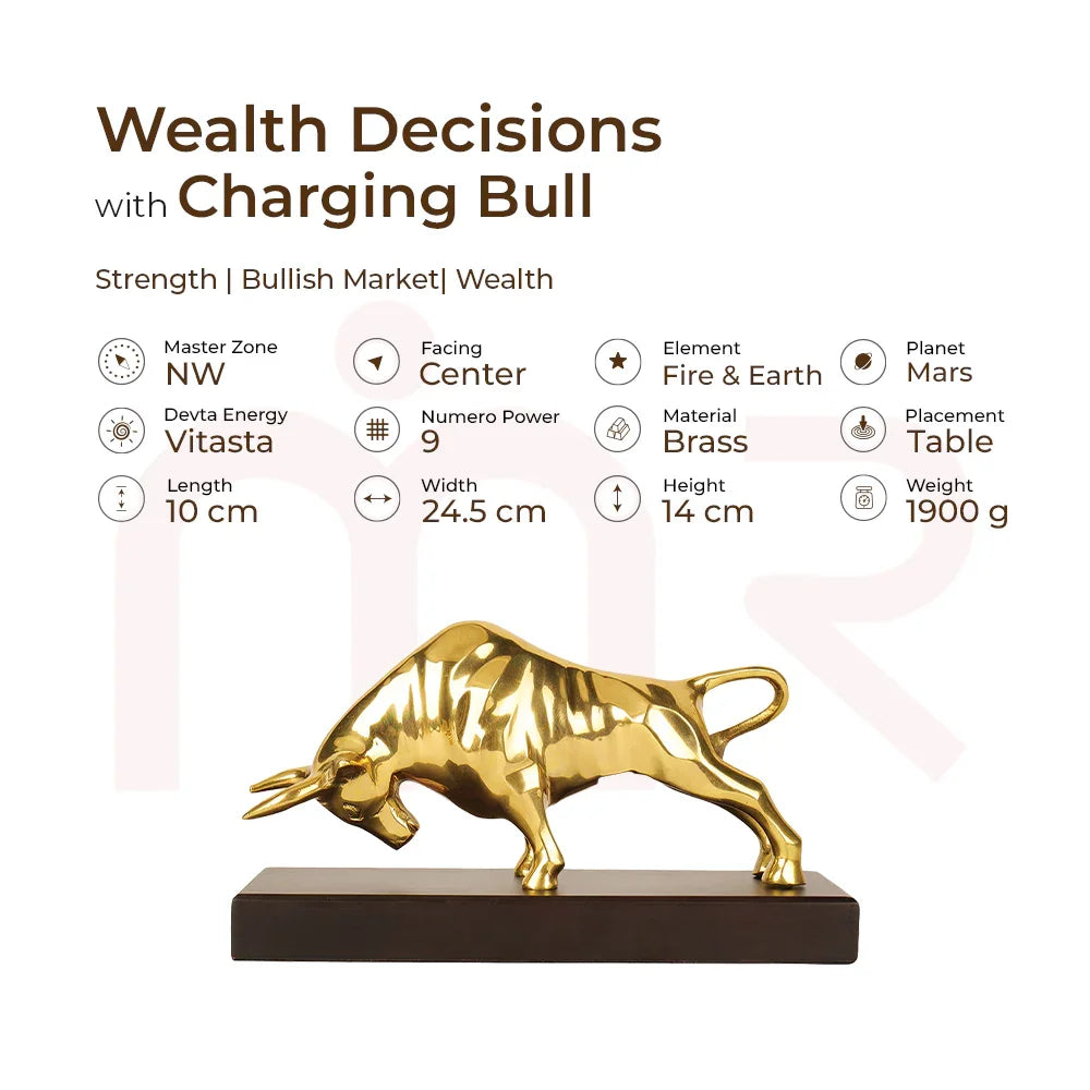 Golden brass charging bull statue for wealth and strength Vastu remedy from MahaVastu Remedies