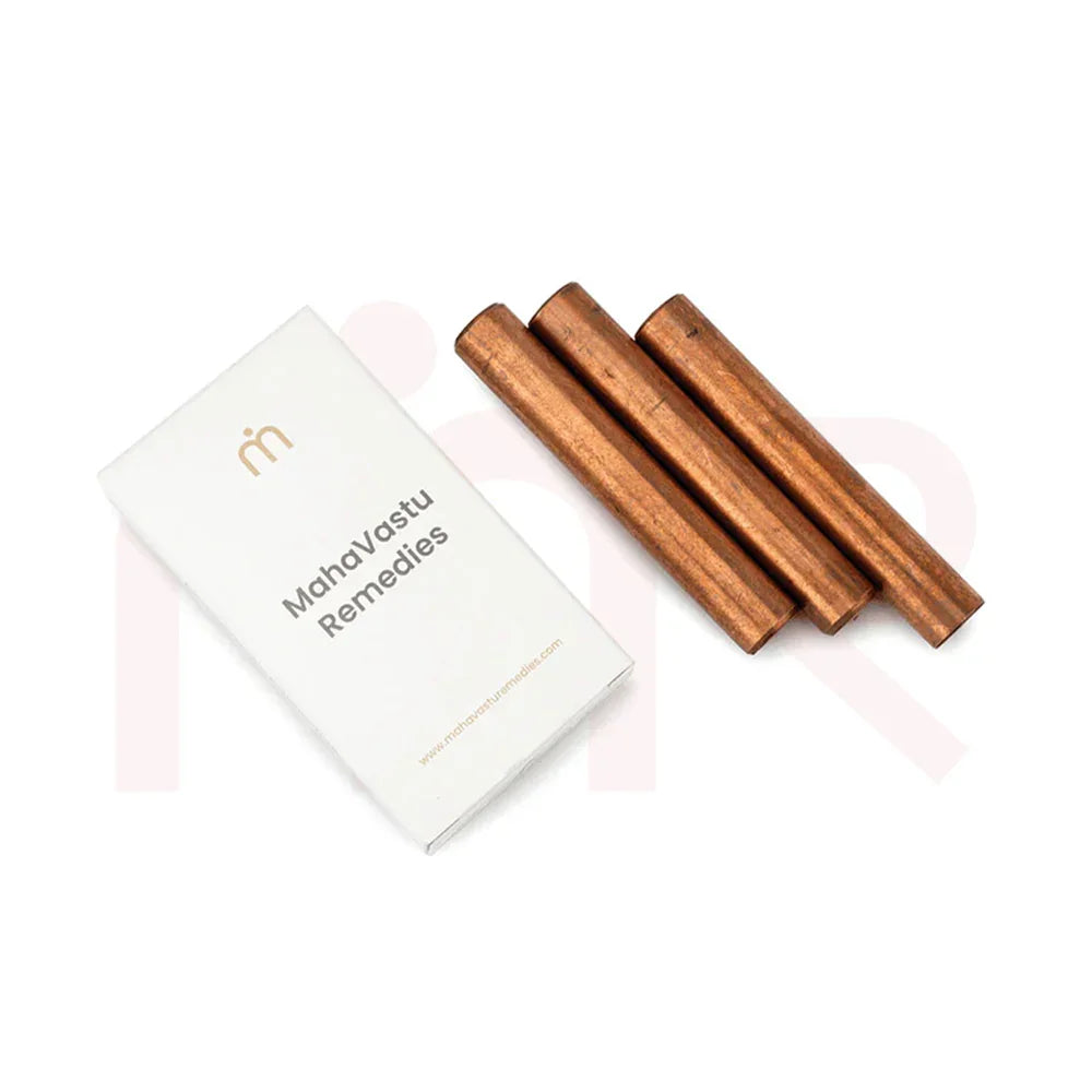 Three copper rods with MahaVastu Remedies box for Vastu Shastra energy balancing
