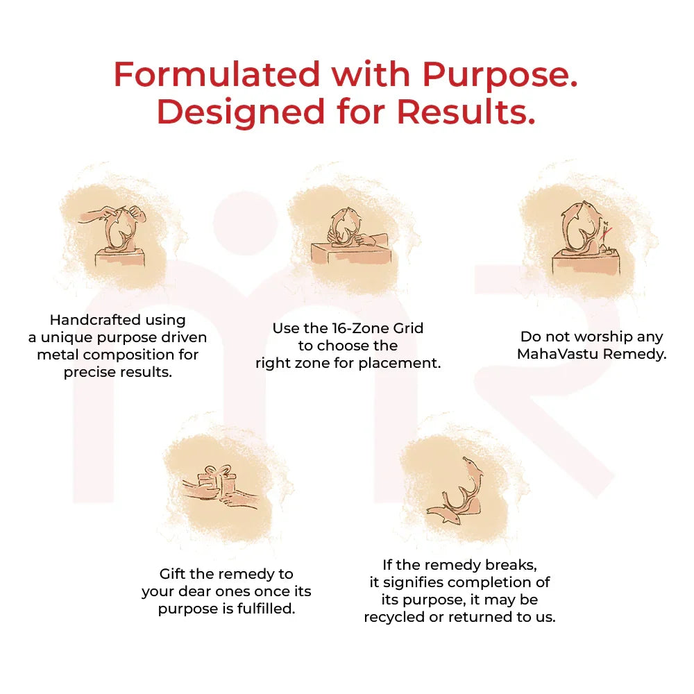 Maha Vastu remedies infographic with step-by-step guidance and illustrated icons on placement, gifting, and recycling.