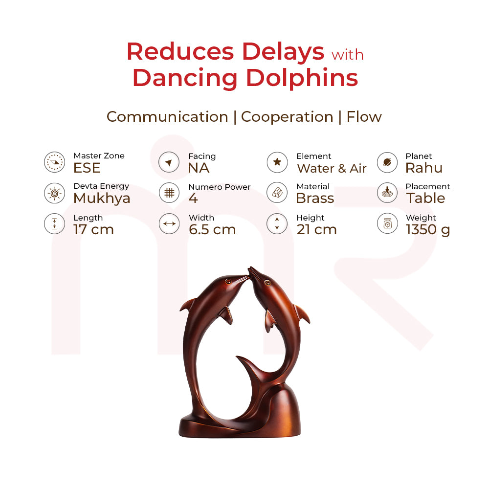 Brass dancing dolphins statue for Vastu, symbolizing communication and cooperation, with details.