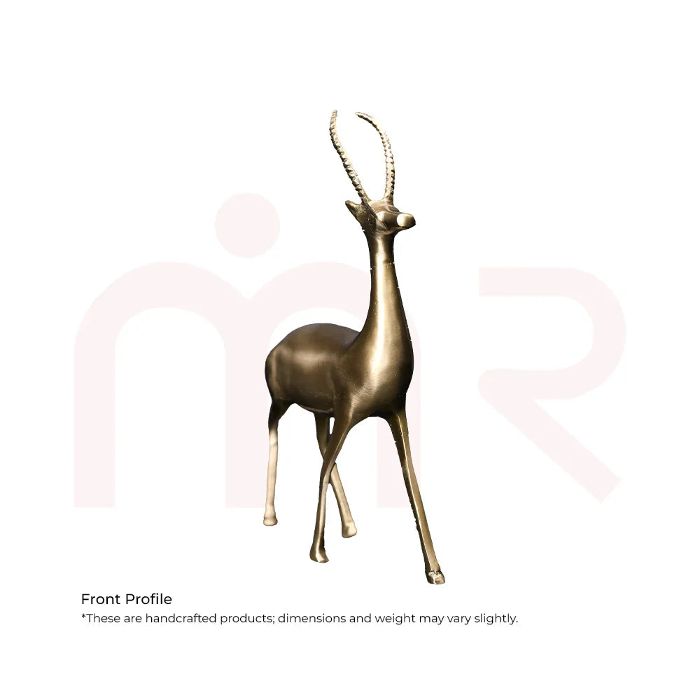 Handcrafted brass deer statue for MahaVastu remedies, standing pose on white background
