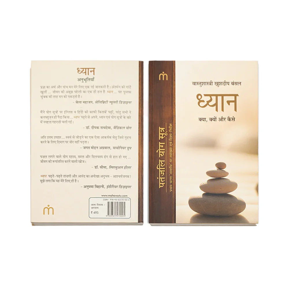 Dhyan Vastu book front and back cover in Hindi with stacked stones, meditation theme