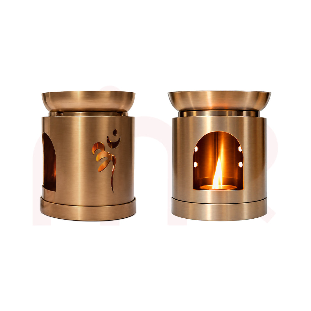 MahaVastu Remedies brass Space Purification Diffuser Set with Om symbol and lit candle