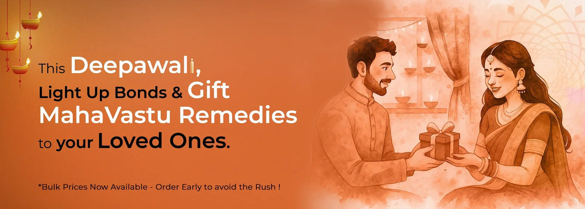Diwali banner with traditional lamps, a man gifting a present to a woman, MahaVastu Remedies promotion