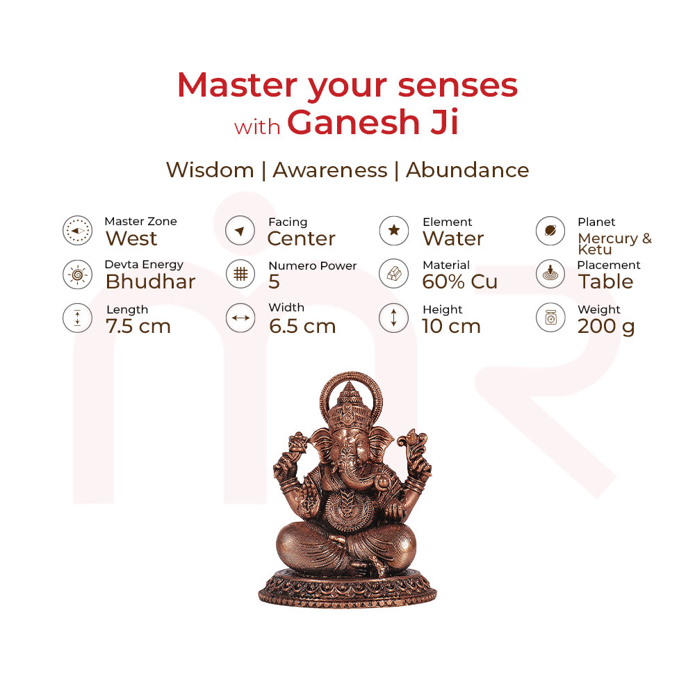 Copper Ganesh Ji idol for MahaVastu remedies, 10 cm height, table placement, brings wisdom and abundance.