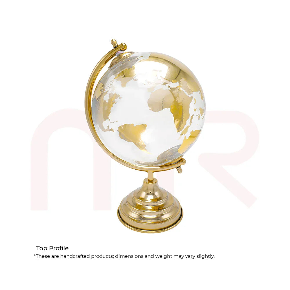 Golden decorative globe on metallic stand, ideal for Vastu remedies and home decor