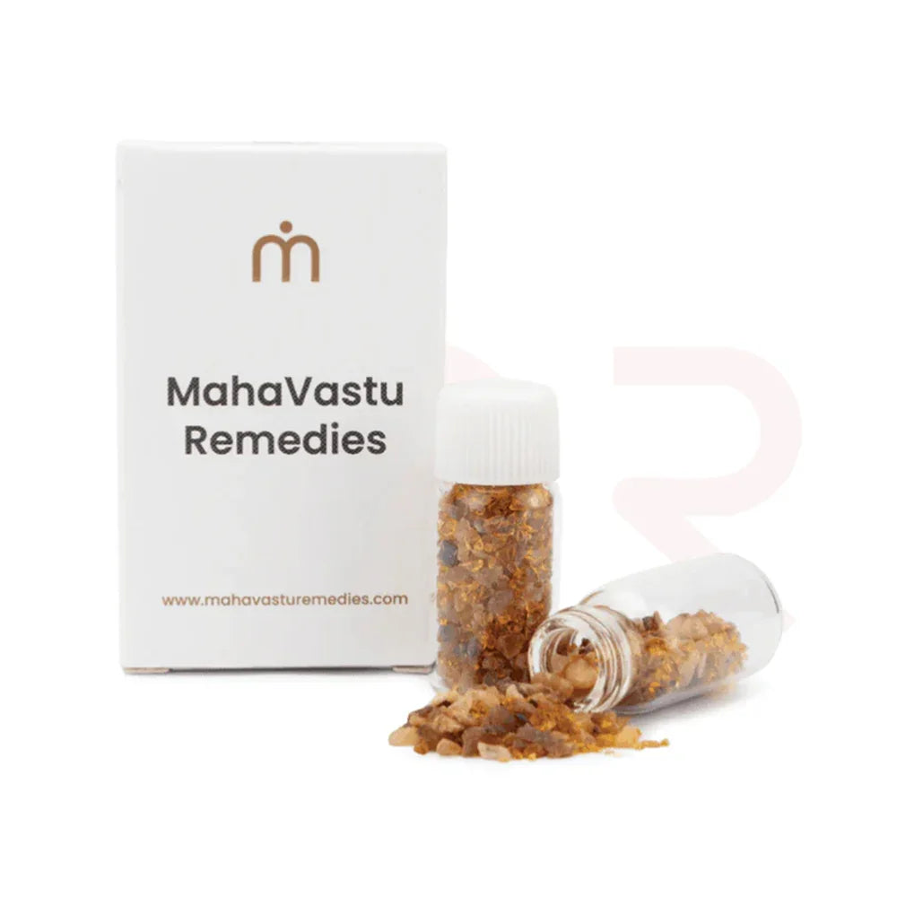 Gomed stone crystals in vials with MahaVastu Remedies packaging for Vastu Shastra balance