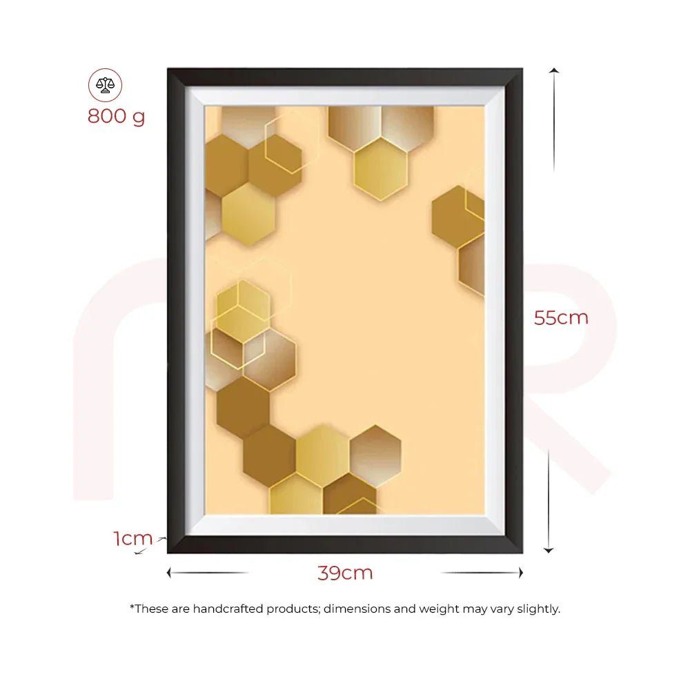 Hexazon MahaVastu acrylic wall art with gold hexagonal patterns, 55x39cm, 800g, black frame