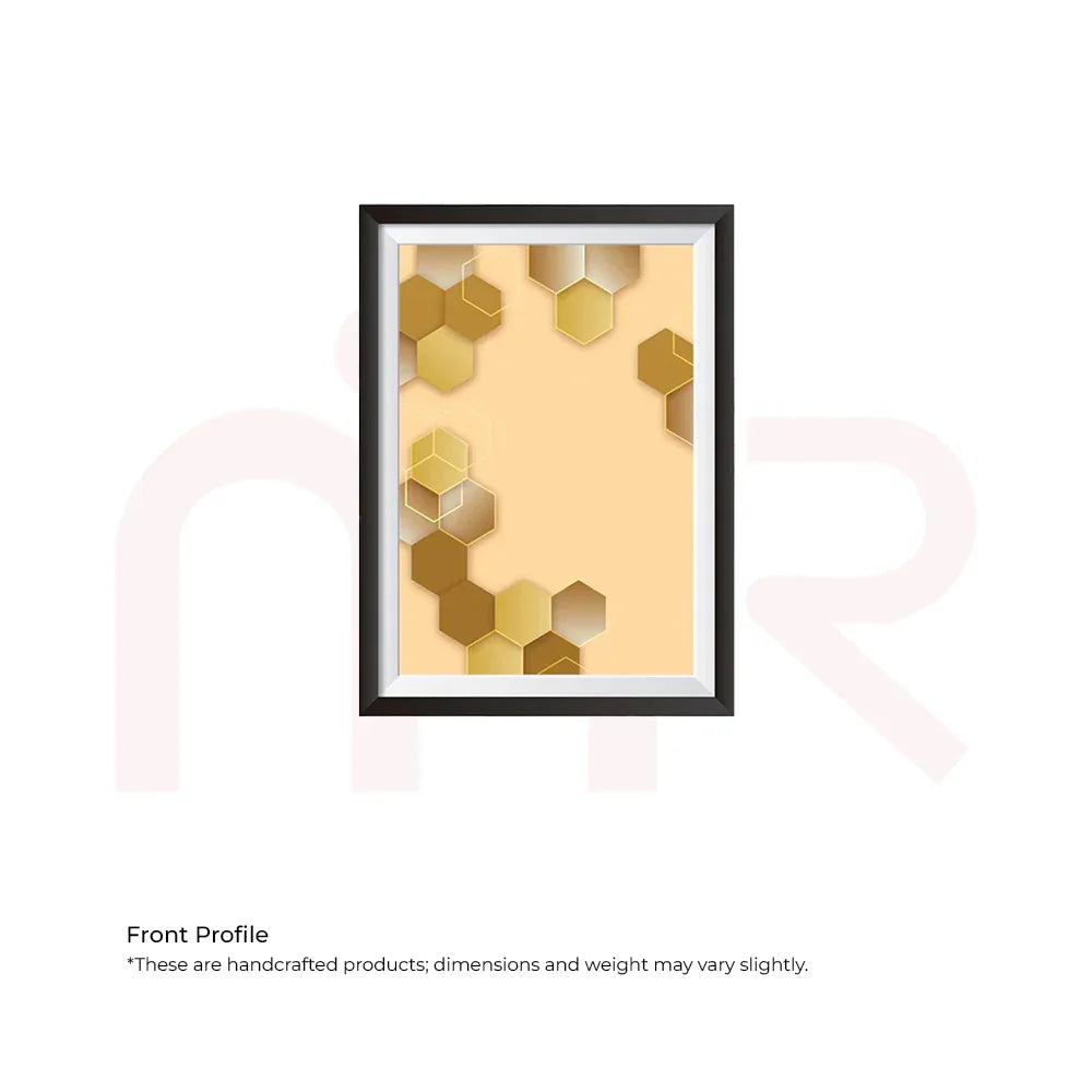 Hexazon acrylic Vastu painting with gold hexagon patterns in a black frame, MahaVastu remedy art