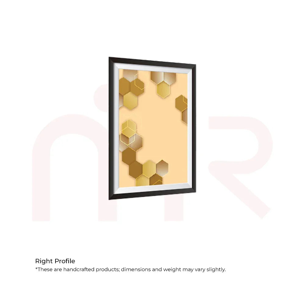 Acrylic MahaVastu hexagon wall art with gold geometric design in a black frame