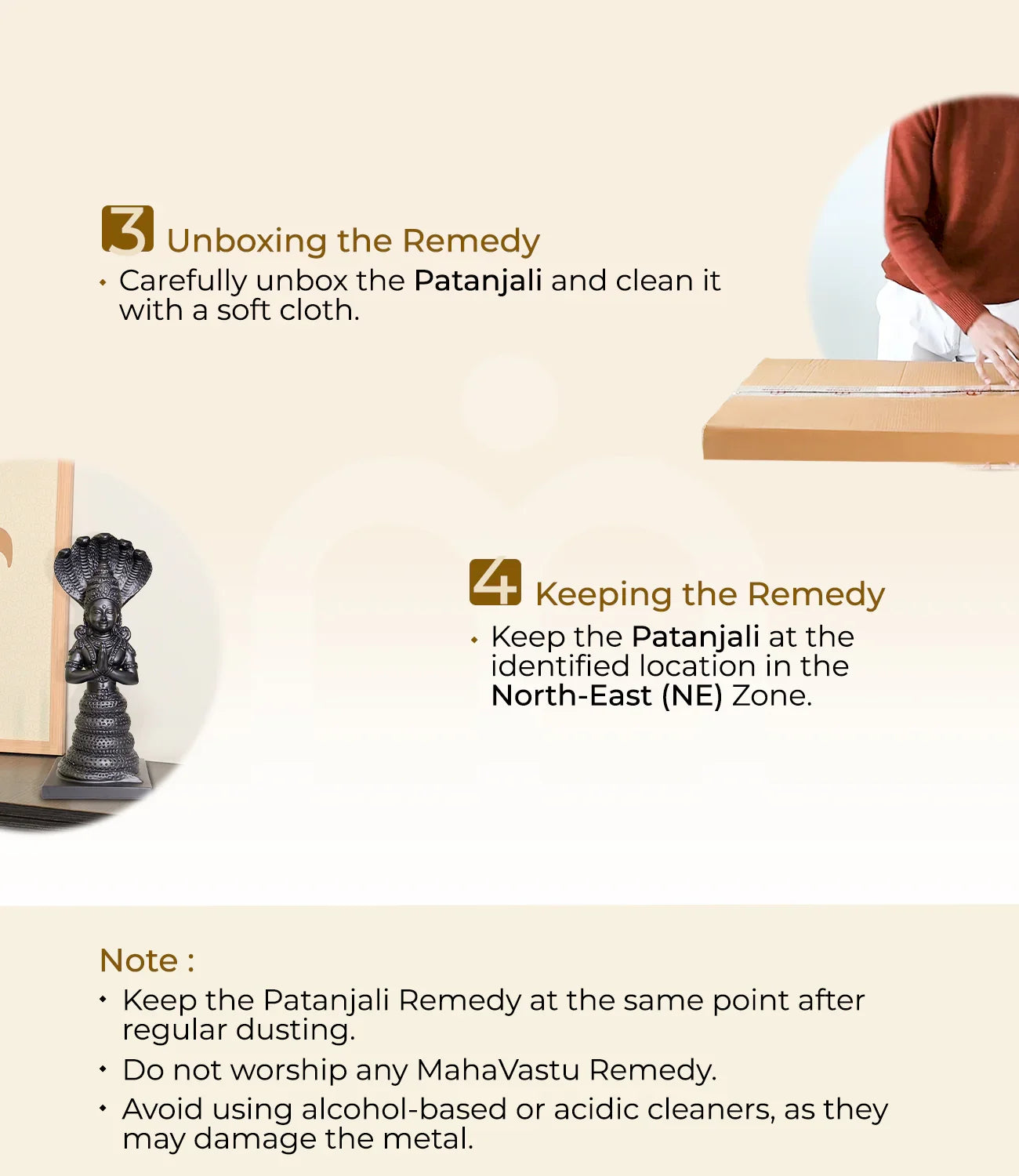 Patanjali Vastu remedy statue with unboxing and placement instructions for North-East zone