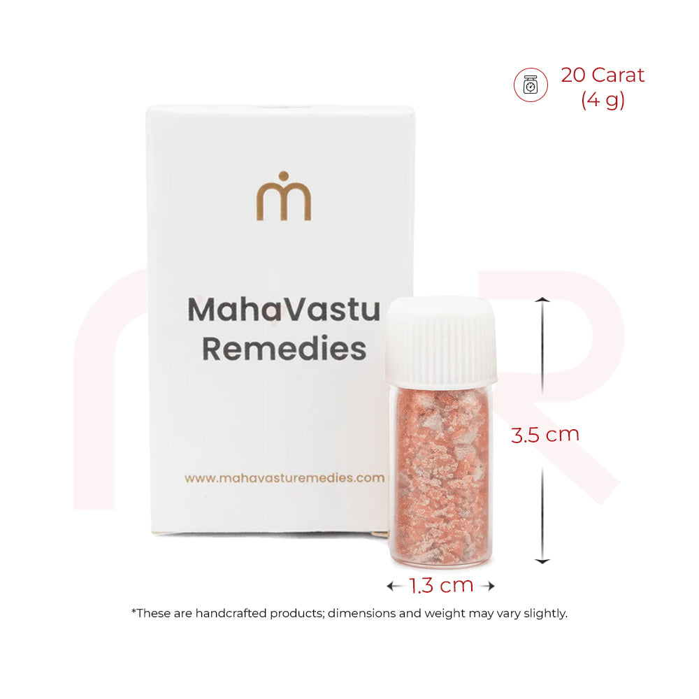 Moonga Vastu remedy red coral crystals in small bottle with MahaVastu Remedies box, 10g