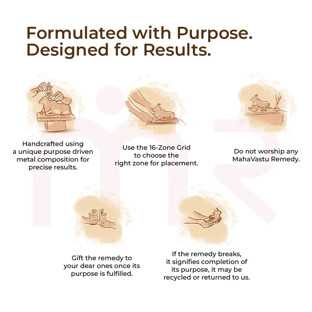 MahaVastu Remedies instructions guide with zone grid, metal object, gifting, and placement tips.