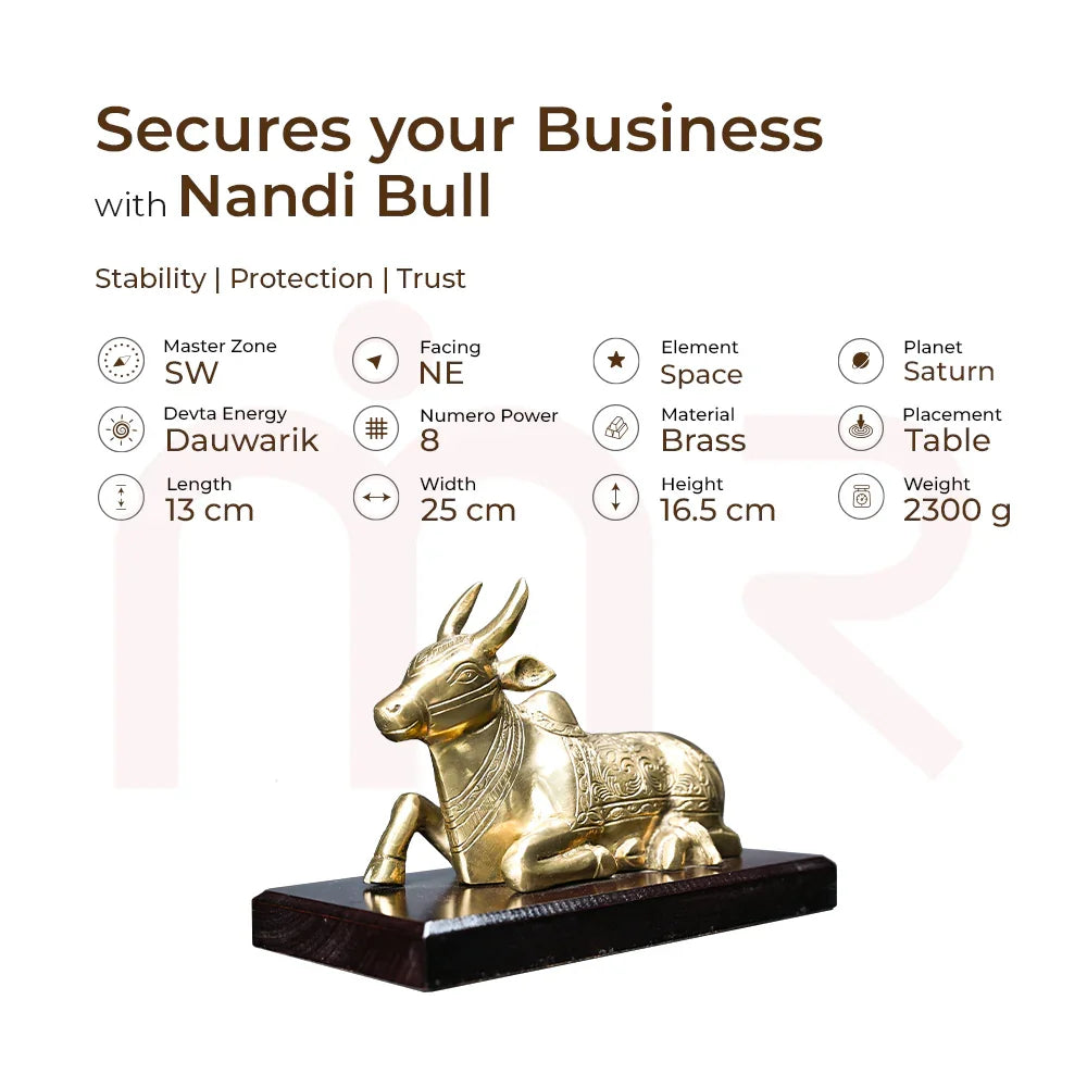 Brass Nandi bull idol for MahaVastu remedies, promoting business stability and positivity.