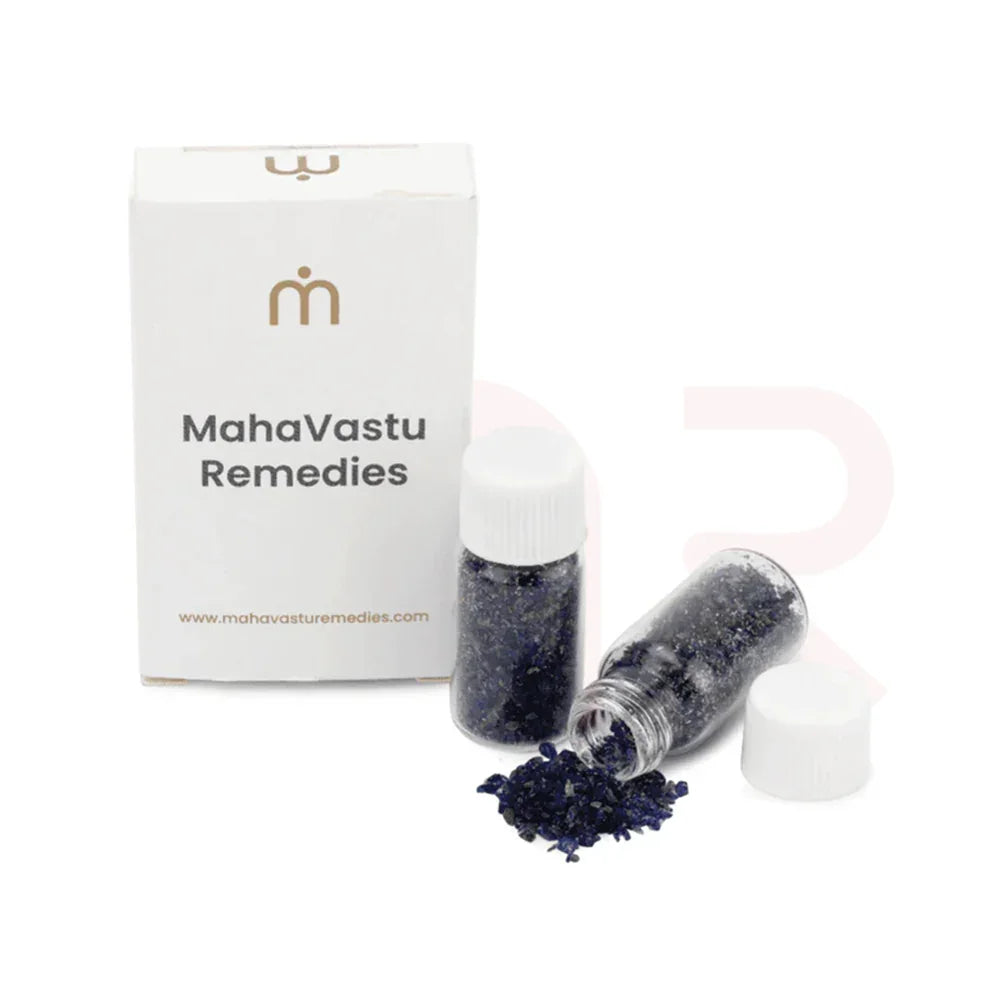 MahaVastu Remedies product with white box and two vials of blue vastu remedy crystals