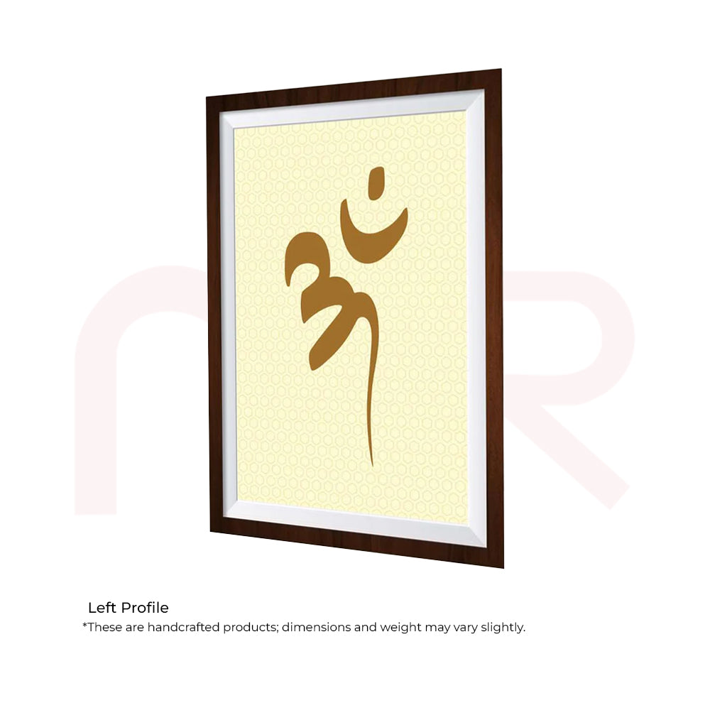 Acrylic Om symbol MahaVastu remedy wall frame with wooden border, left profile view.