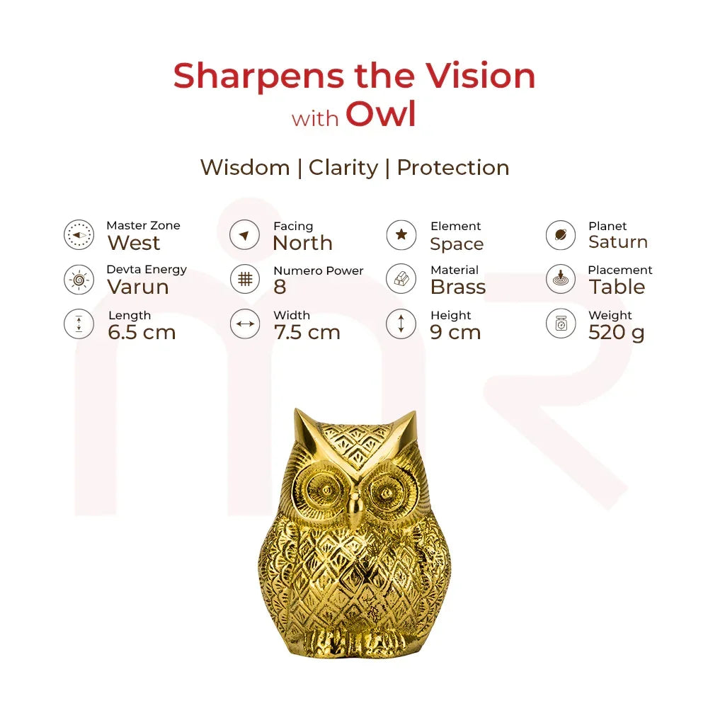 Brass owl figurine Vastu remedy for clarity, wisdom, protection, table decor, 9 cm tall