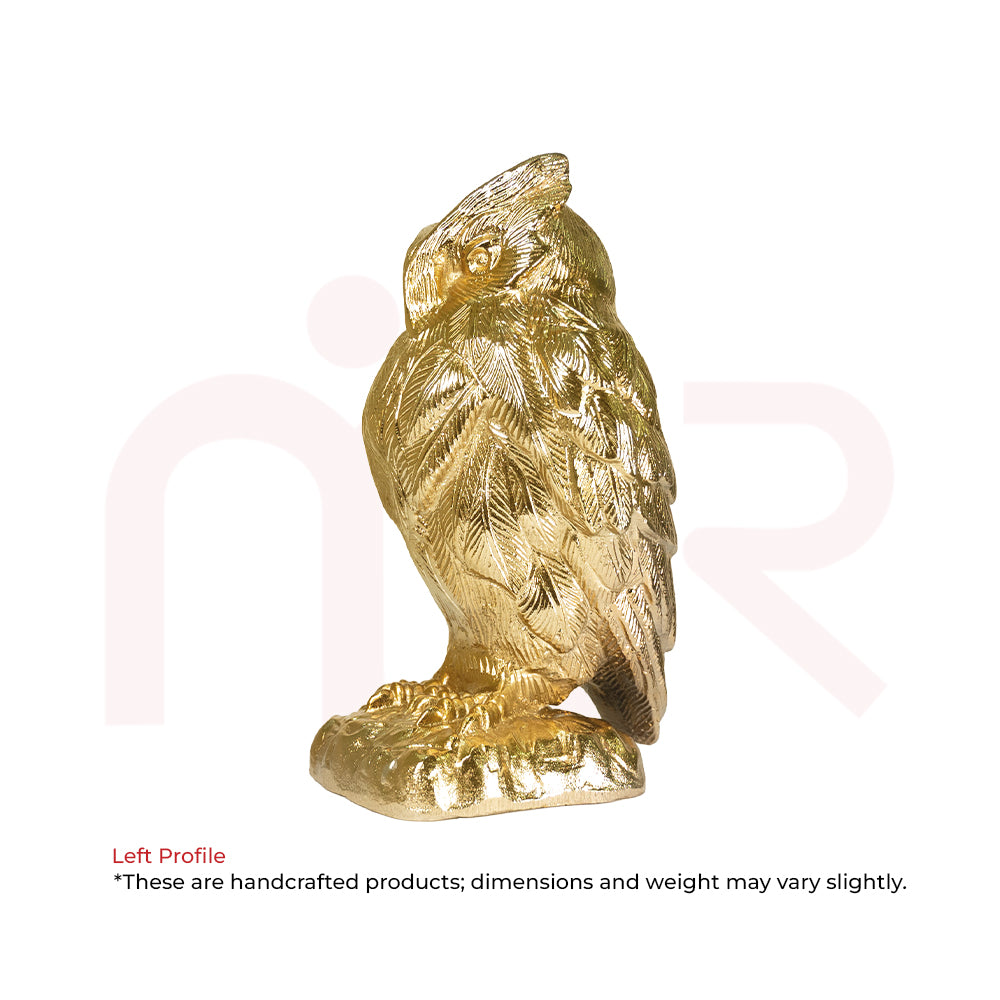 Left profile of a golden owl figurine for smart money decisions by MahaVastu Remedies