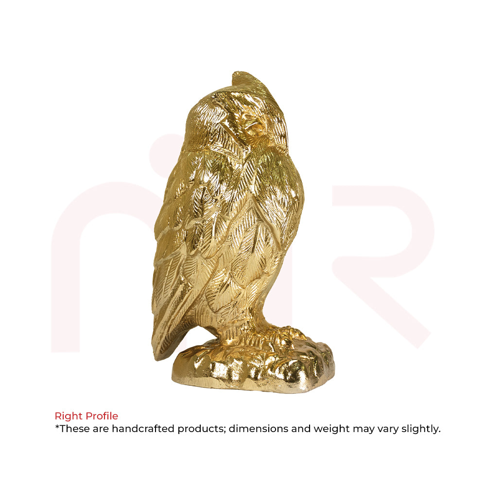 Right profile view of a golden owl idol for smart money decisions by MahaVastu Remedies