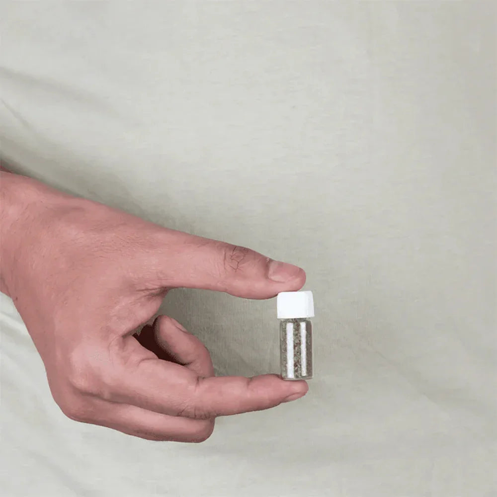 Hand holding a small vial with metal MahaVastu remedy capsules against a plain background
